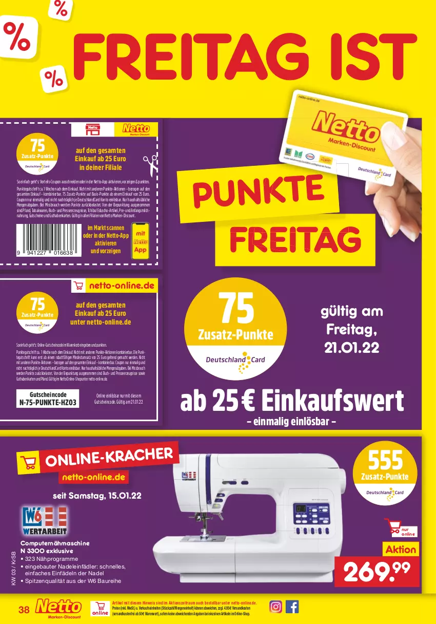 Aktueller Prospekt Netto Marken-Discount - Filial-Angebote - von 17.01 bis 22.01.2022 - strona 38 - produkty: Bau, buch, computer, coupon, deutschlandcard, discount, eduscho, eis, elle, erde, guthabenkarte, gutschein, gutscheine, HP, korb, mac, marken-discount, milch, Nähmaschine, ndk, pute, Rauch, reis, spitzenqualität, Tchibo, Ti, versandkostenfrei