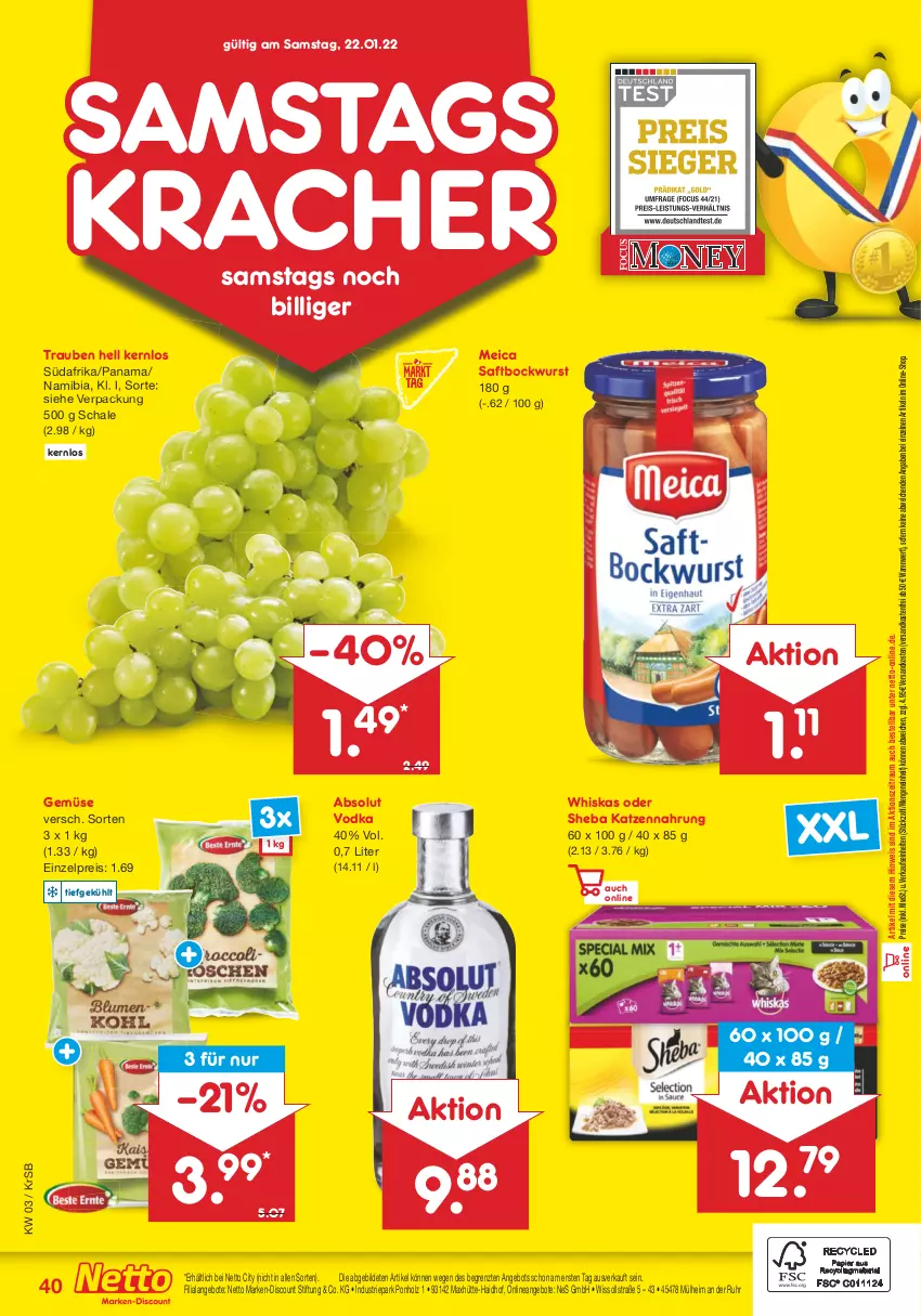 Aktueller Prospekt Netto Marken-Discount - Filial-Angebote - von 17.01 bis 22.01.2022 - strona 40 - produkty: Absolut Vodka, angebot, angebote, bockwurst, discount, eis, Holz, katzennahrung, kracher, marken-discount, meica, ndk, reis, saft, Schal, Schale, sheba, Ti, trauben, uhr, versandkostenfrei, vodka, whiskas, wurst, ZTE