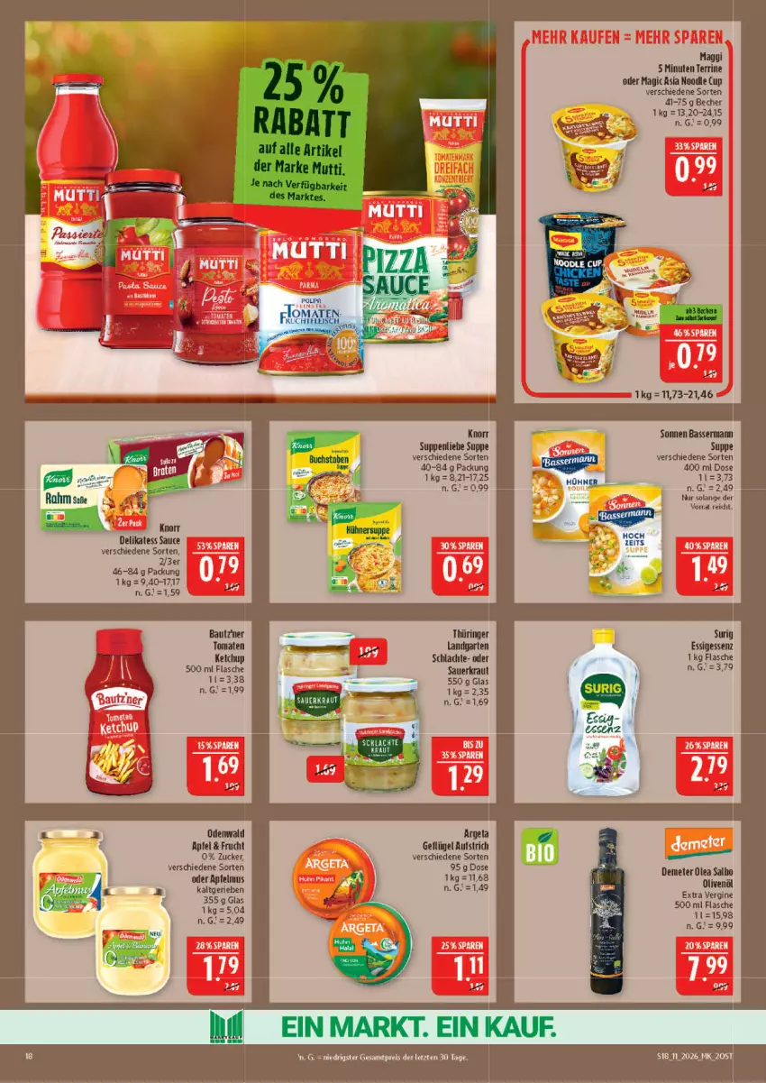 Aktueller Prospekt Marktkauf - Prospekt - von 08.03 bis 14.03.2026 - strona 18 - produkty: apfel, apfelmus, aufstrich, Becher, delikatess sauce, eis, flasche, frucht, Geflügel, gin, maggi, odenwald, olive, oliven, olivenöl, olivenöl extra, reis, sauce, suppe, terrine, ZTE, zucker