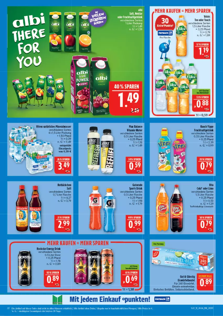 Aktueller Prospekt Marktkauf - Prospekt - von 08.03 bis 14.03.2026 - strona 22 - produkty: Alwa, beutel, cola, drink, eis, eiswürfel, energy drink, flasche, frucht, fruchtsaft, fruchtsaftgetränk, getränk, limo, limonade, mineralwasser, natürliches mineralwasser, Nektar, Rauch, reis, Rockstar, saft, Sport, tee, Ti, vita, Vita C, vitrex, volvic, wasser, würfel