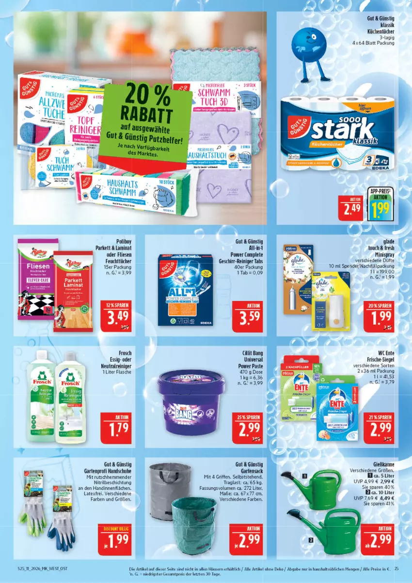 Aktueller Prospekt Marktkauf - Prospekt - von 08.03 bis 14.03.2026 - strona 25 - produkty: eis, essig, feuchttücher, flasche, Frosch, Garten, geschirr, Gießkanne, Glade, handschuhe, küche, Küchen, küchentücher, laminat, reiniger, reis, sac, schuhe, schwamm, Ti, tuc, tücher, wein, weine, ZTE