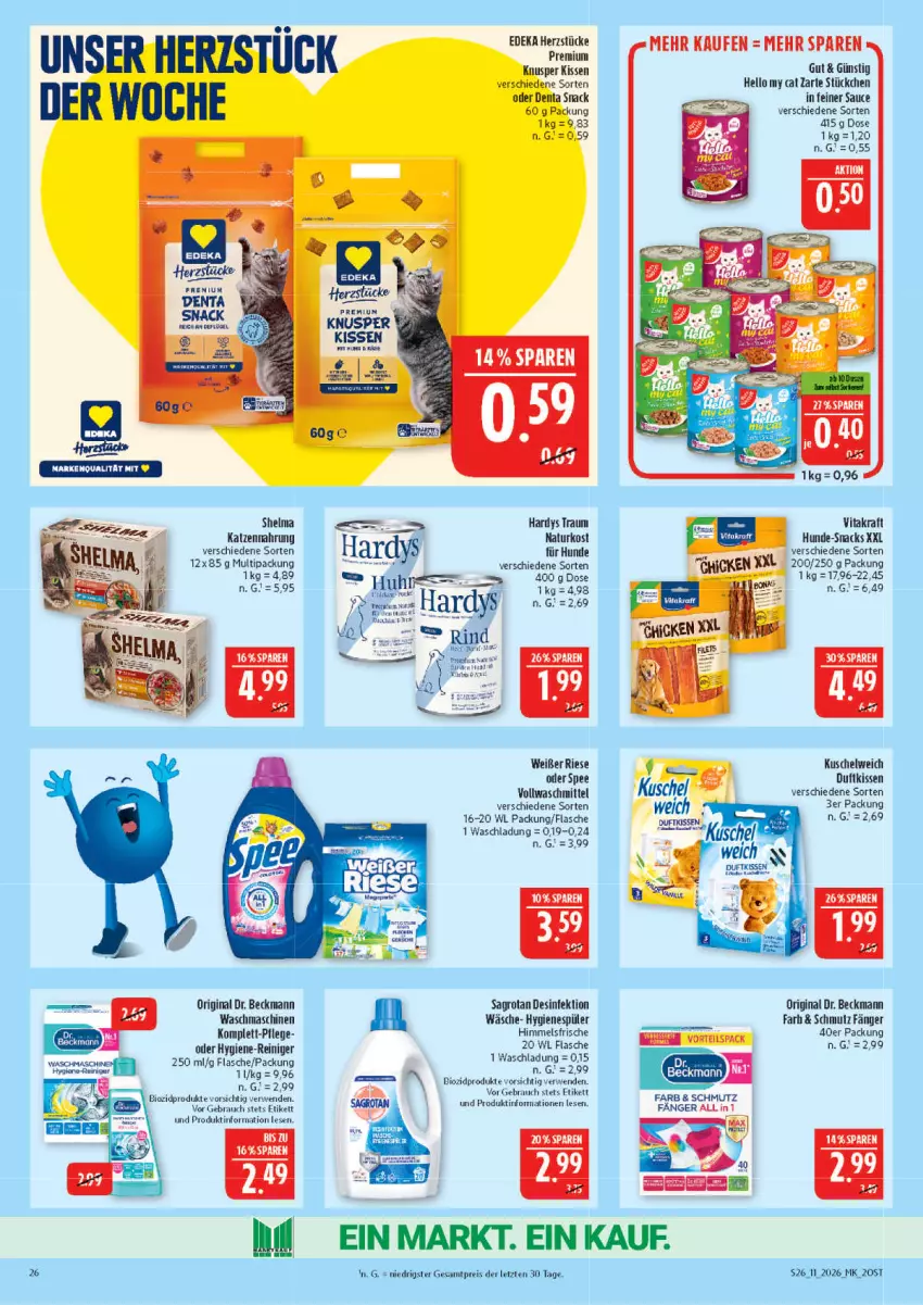 Aktueller Prospekt Marktkauf - Prospekt - von 08.03 bis 14.03.2026 - strona 26 - produkty: bio, biozidprodukte, cin, deka, Desinfektion, Dr. Beckmann, Duftkissen, eis, flasche, gin, hygiene-reiniger, hygienespüler, katzennahrung, kissen, kraft, Kuschelweich, natur, Rauch, reiniger, reis, rind, rwe, sagrotan, sauce, snack, snacks, spee, Ti, uhr, vita, vitakraft, waschmaschine, waschmaschinen, waschmittel, ZTE