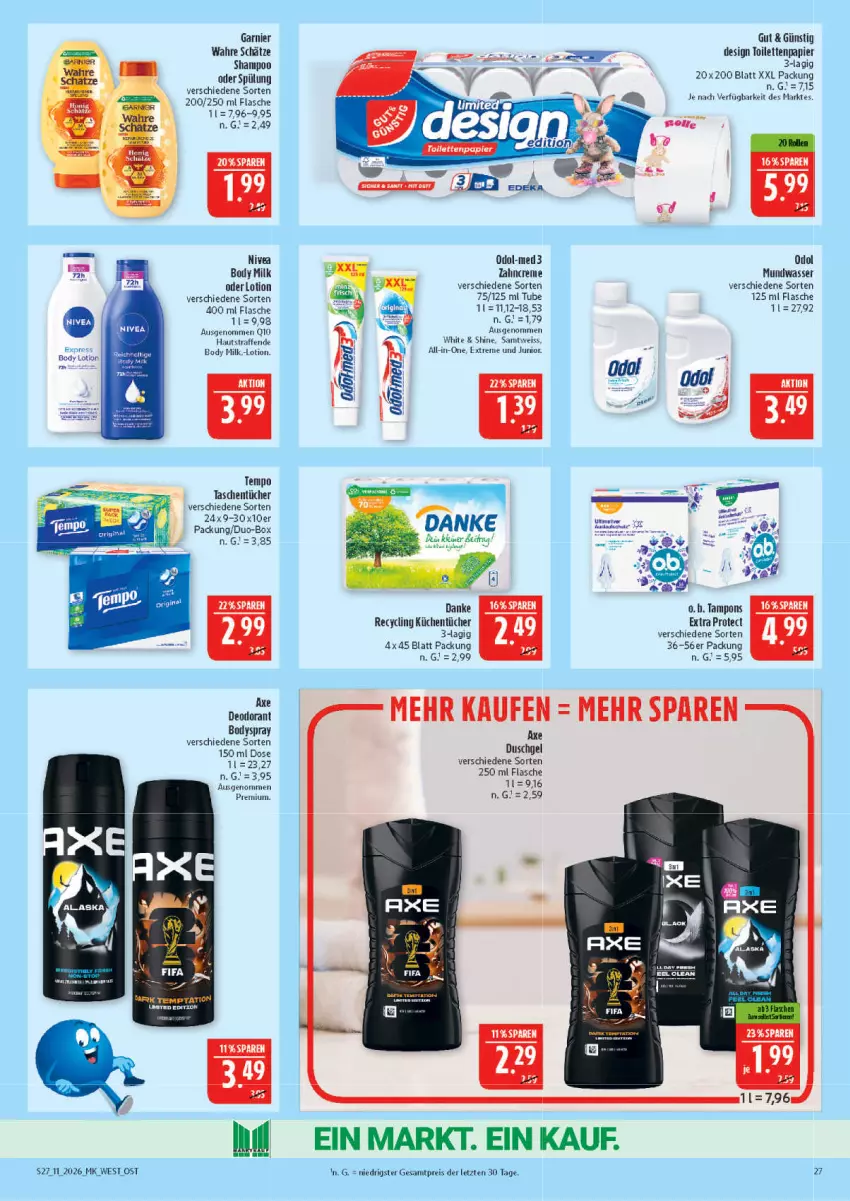 Aktueller Prospekt Marktkauf - Prospekt - von 08.03 bis 14.03.2026 - strona 27 - produkty: axe, axe duschgel, body, body lotion, body milk, bodyspray, Clin, creme, deo, deodorant, duschgel, eis, flasche, garnier, küche, Küchen, küchentücher, LG, Lotion, mundwasser, nivea, Odol, papier, Q10, reis, shampoo, shampoo oder spülung, spülung, Tampon, tampons, Tasche, taschen, taschentücher, Tempo, Ti, toilettenpapier, tücher, Wahre Schätze, wasser, wolle, zahncreme, ZTE