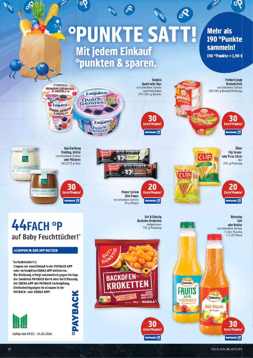 Aktueller Prospekt Marktkauf - Prospekt - von 08.03 bis 14.03.2026 - strona 28 - produkty: aufstrich, auto, backofen, Becher, brot, brotaufstrich, coupon, deka, eis, exquisa, feinkost, feuchttücher, flasche, grütze, Kette, Kroketten, LG, milch, milchreis, müsli, Nektar, nuss, Ofen, payback, pizza, Popp, pudding, quark, reis, riegel, sesam, Skyr, Ti, tisch, tücher