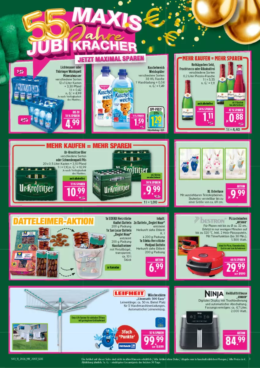 Aktueller Prospekt Marktkauf - Prospekt - von 08.03 bis 14.03.2026 - strona 3 - produkty: alkohol, Alwa, auer, auto, bier, bügel, Datteln, deka, ecco, eimer, eis, flammkuchen, flasche, fritteuse, frucht, fruchtsecco, Heißluftfritteuse, Holz, kuchen, Kuschelweich, lamm, leine, lichtenauer, mineralwasser, Ofen, pils, pizza, Quiche, reis, ring, rotkäppchen, Schal, sekt, steinofen, Teleskop, Ti, timer, tisch, wäscheschirm, waschmaschine, waschmaschinen, wasser, weichspüler, ZTE