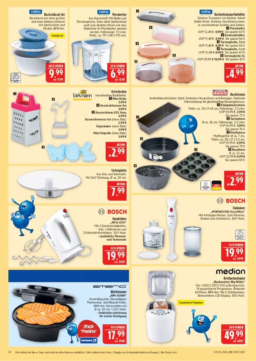 Aktueller Prospekt Marktkauf - Prospekt - von 08.03 bis 14.03.2026 - strona 34 - produkty: Ausstechformen, auto, Backform, Becher, Behälter, bosch, brot, Brotbackautomat, Bundform, decke, Deckel, edelstahl, eis, erde, fenster, kuchen, latte, leine, Leuchte, medion, Meister, Messbecher, messer, Mixer, Muffin, Muffinform, Reinigung, reis, ring, schüssel, shake, Sport, Springform, Spritzschutz, stabmixer, Teigrolle, Teigschaber, thermostat, Ti, torte, waffeln, zitrone, zitronen