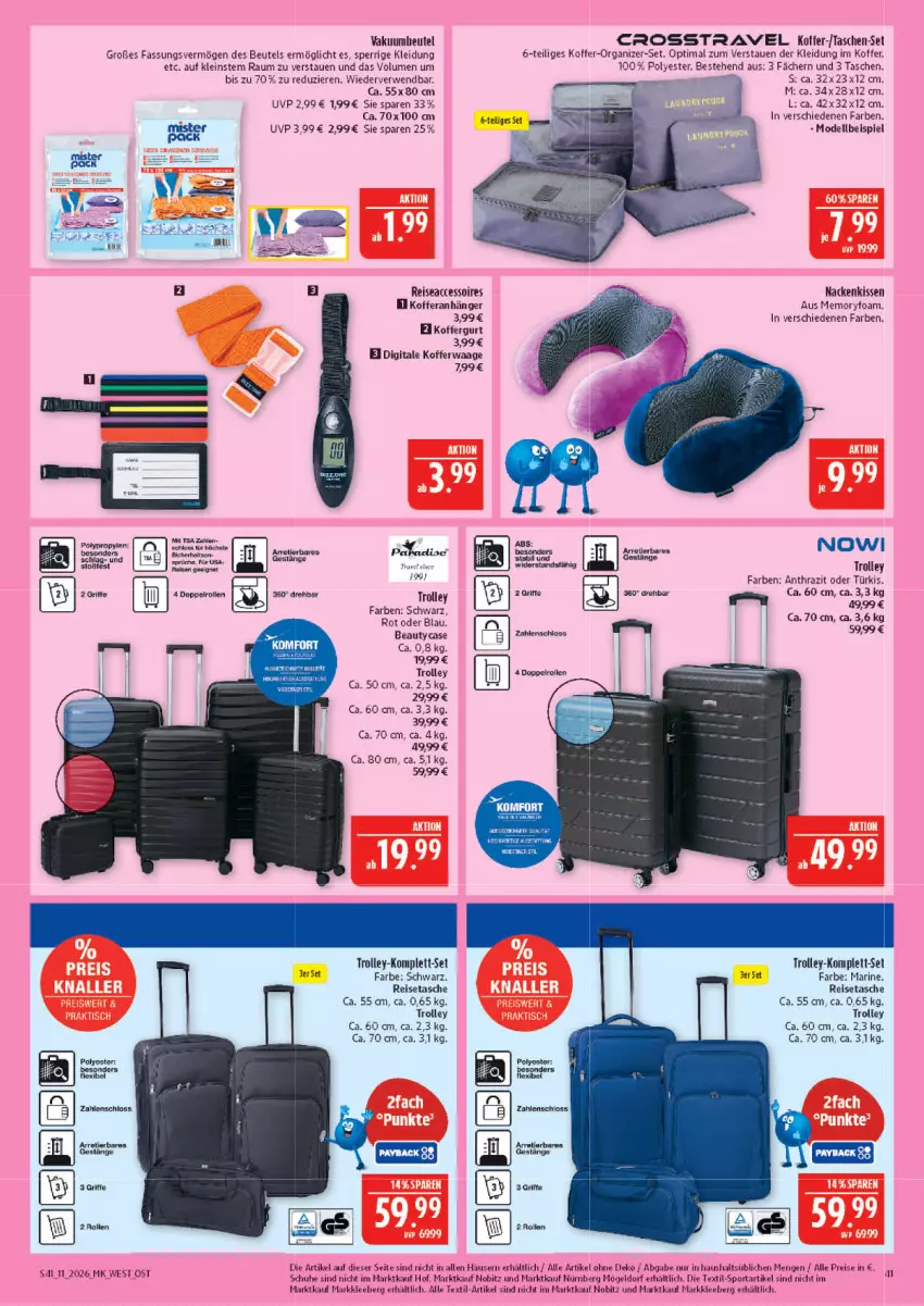 Aktueller Prospekt Marktkauf - Prospekt - von 08.03 bis 14.03.2026 - strona 41 - produkty: ACC, accessoires, Anhänger, beutel, dell, eis, kissen, kleid, Kleidung, koffer, Kofferwaage, LG, messer, Mode, nackenkissen, reis, reisetasche, rwe, schuhe, Sport, Tasche, taschen, Ti, trolley, Vakuumbeutel, Waage, Yo