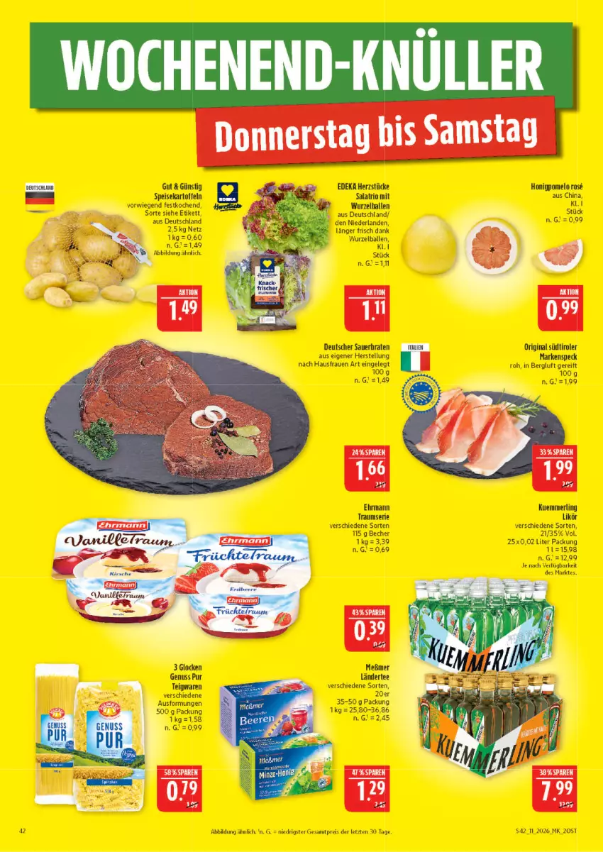 Aktueller Prospekt Marktkauf - Prospekt - von 08.03 bis 14.03.2026 - strona 42 - produkty: auer, ball, Becher, deka, ehrmann, eis, gin, honig, Honigpomelo, kartoffel, kartoffeln, kuemmerling, Ländertee, likör, merl, Meßmer, nuss, Pomelo, reis, salat, Speck, speisekartoffeln, südtiroler, tee, teigwaren, Ti, ZTE