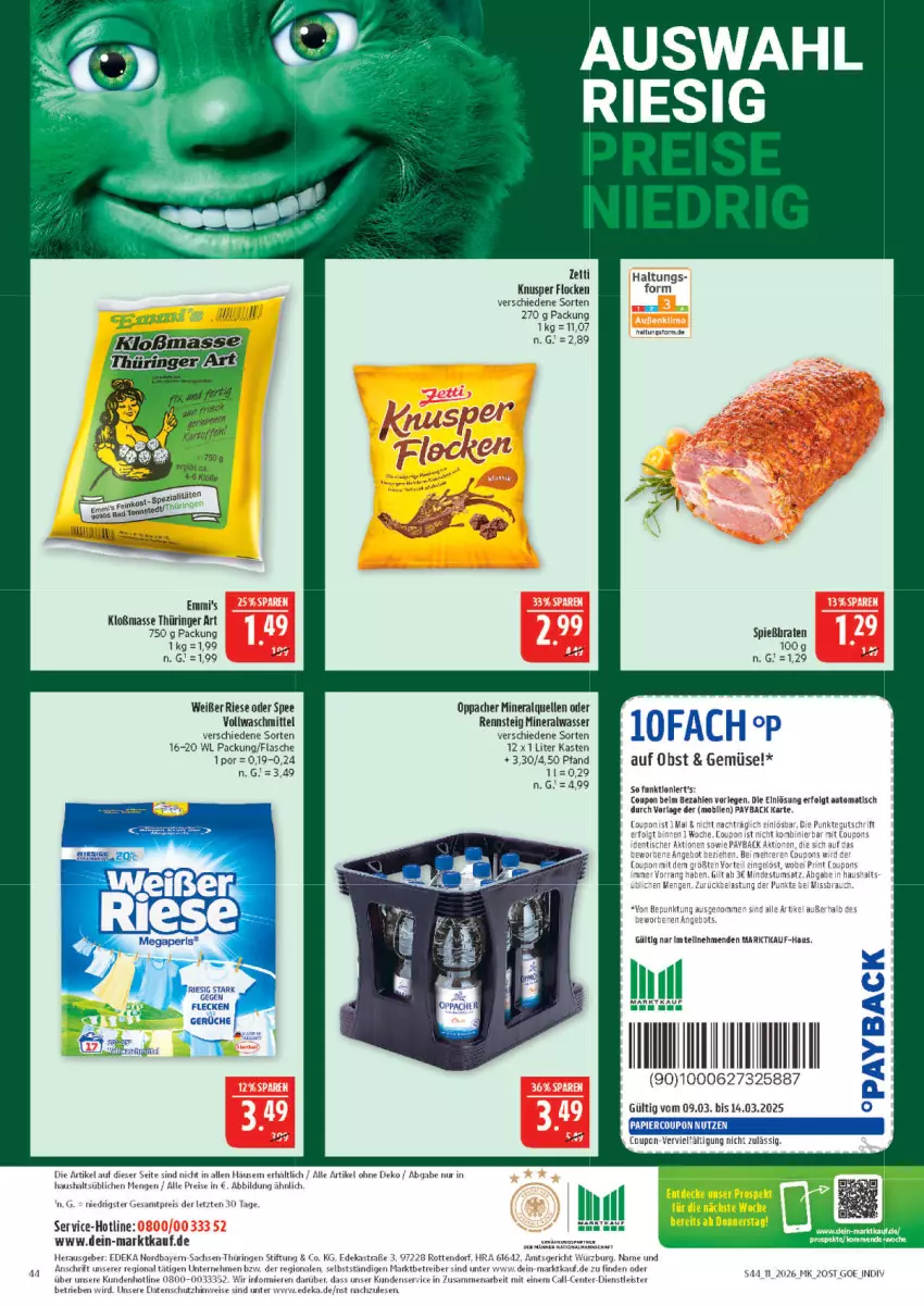 Aktueller Prospekt Marktkauf - Prospekt - von 08.03 bis 14.03.2026 - strona 44 - produkty: Alwa, Astra, Bad, coupon, deka, eis, elle, ente, feinkost, flasche, LG, mineralwasser, obst, payback, reis, ring, sac, spee, Spezi, Ti, tisch, vollwaschmittel, waschmittel, wasser, ZTE
