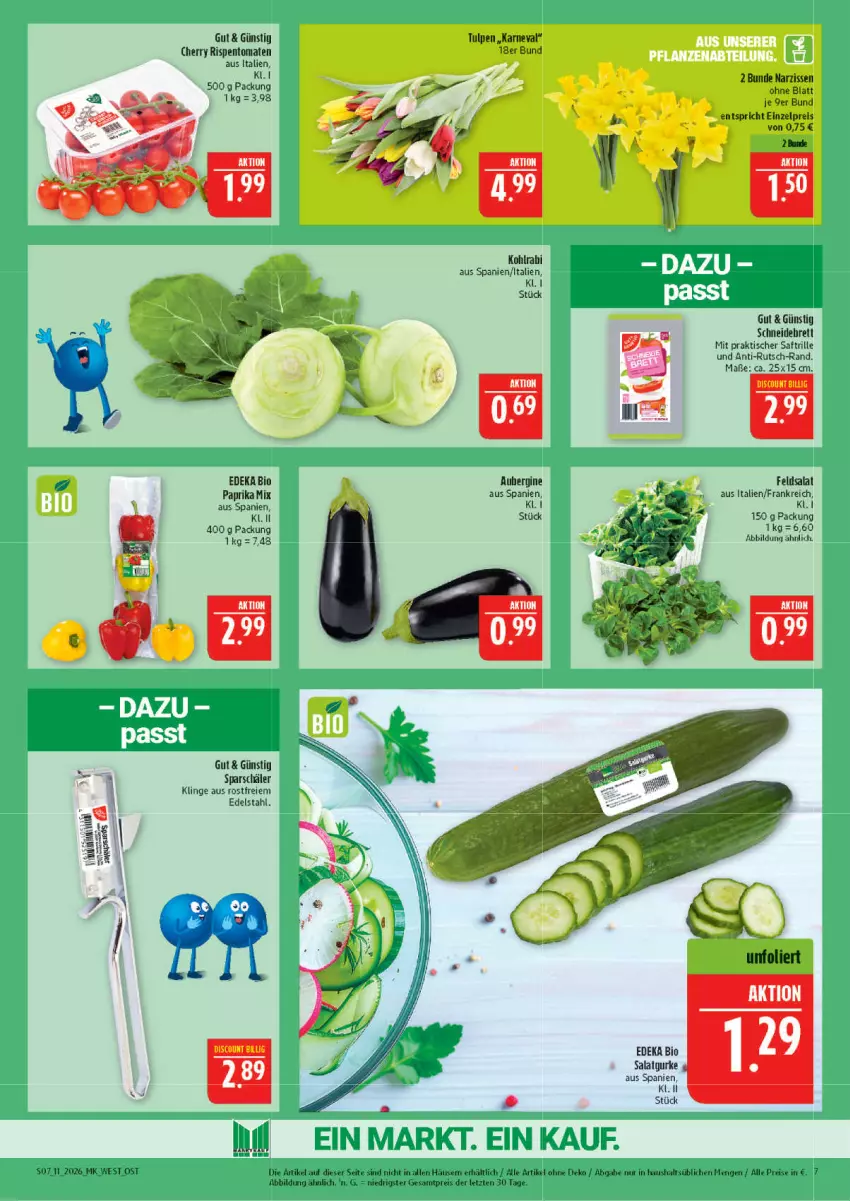 Aktueller Prospekt Marktkauf - Prospekt - von 08.03 bis 14.03.2026 - strona 7 - produkty: aubergine, bio, deka, discount, edeka bio, edelstahl, eis, feldsalat, gin, gurke, kohlrabi, Narzissen, paprika, paprika mix, reis, rispentomaten, saft, salat, Salatgurke, schneidebrett, Ti, tisch, tomate, tomaten, ZTE