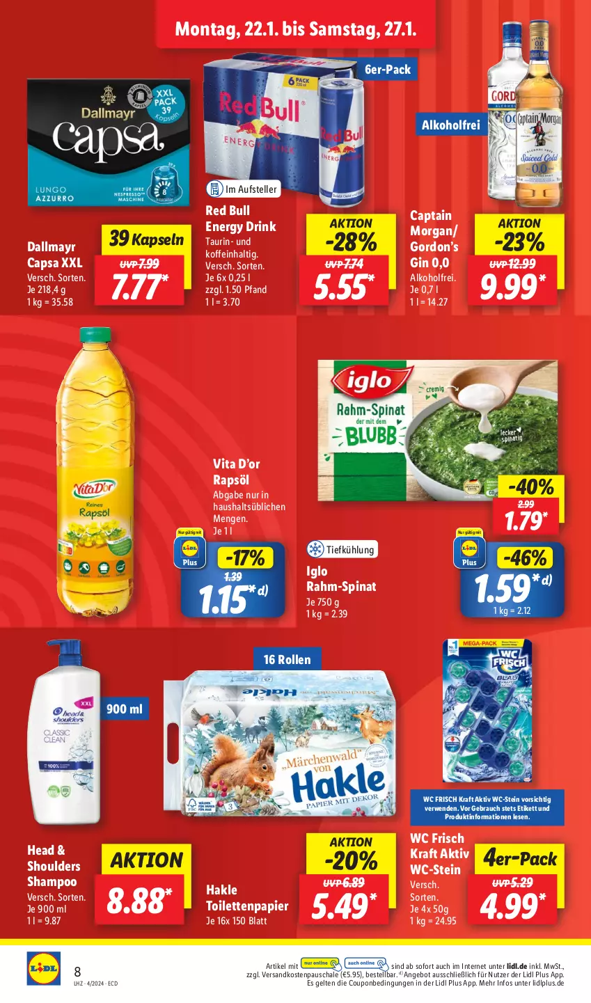 Aktueller Prospekt Lidl - Aktionsprospekt - von 22.01 bis 27.01.2024 - strona 10 - produkty: alkohol, angebot, Cap, captain morgan, coupon, dallmayr, dallmayr capsa, drink, elle, energy drink, gin, gordon, Gordon’s, hakle, hakle toilettenpapier, iglo, kraft, ndk, papier, rahm-spinat, rapsöl, Rauch, red bull, rwe, Schal, Schale, shampoo, spinat, teller, Ti, toilettenpapier, vita, wc frisch, WC Frisch Kraft Aktiv