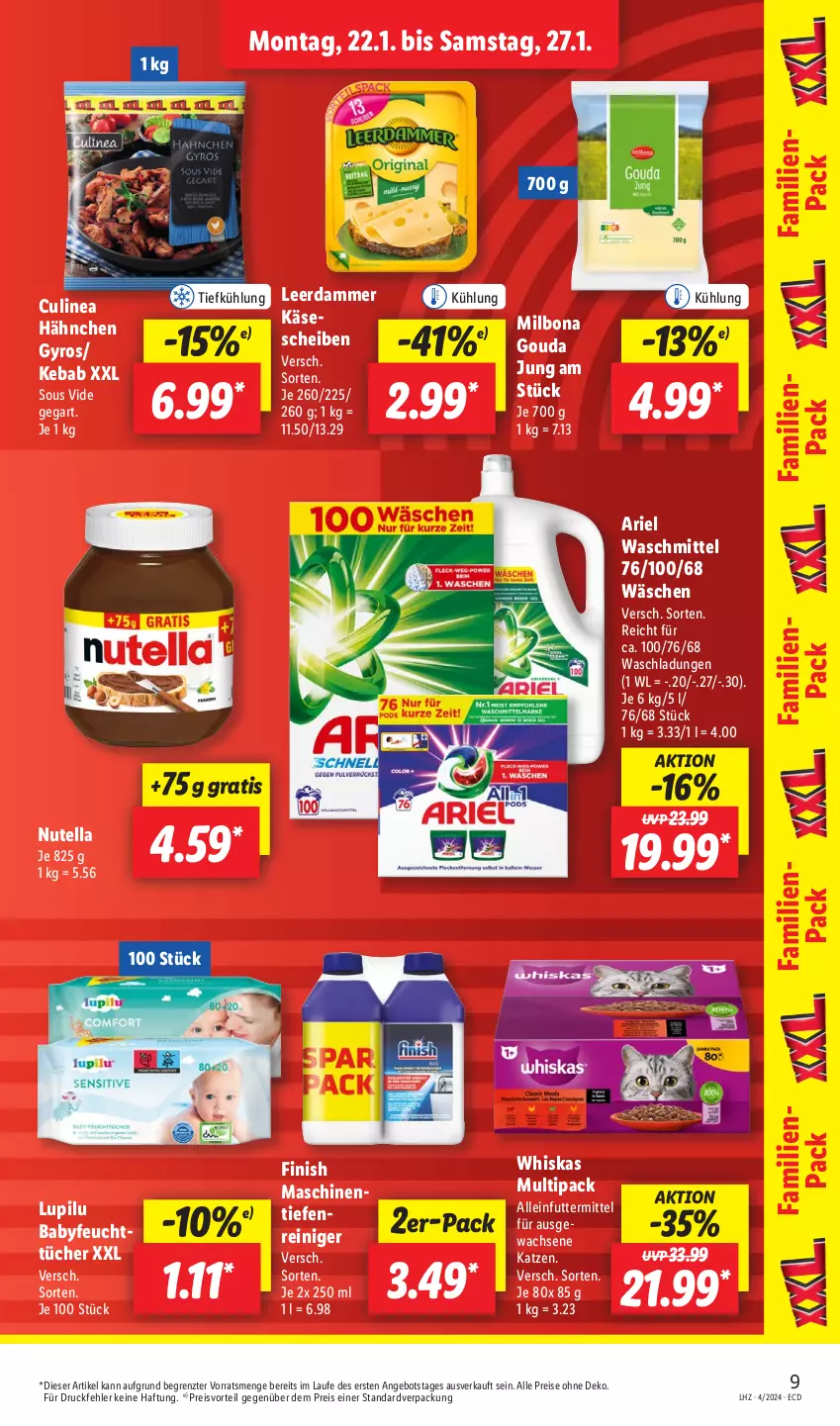 Aktueller Prospekt Lidl - Aktionsprospekt - von 22.01 bis 27.01.2024 - strona 11 - produkty: alleinfuttermittel, angebot, ariel, ariel waschmittel, Bona, eis, feuchttücher, Finish, gouda, gouda jung, gyros, Käse, käsescheiben, leerdammer, lupilu, Milbona, nutella, preisvorteil, reiniger, reis, Ti, tücher, waschmittel, whiskas, ZTE