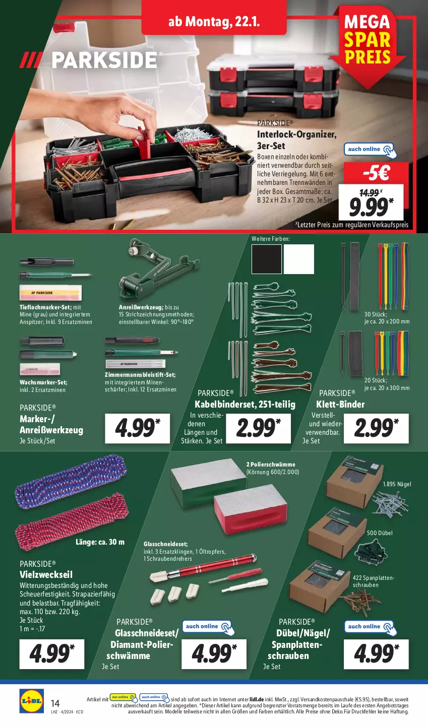 Aktueller Prospekt Lidl - Aktionsprospekt - von 22.01 bis 27.01.2024 - strona 20 - produkty: angebot, Bleistift, dell, eis, elle, Heu, Kabelbinderset, latte, Mode, ndk, Parkside, reis, riegel, rwe, Schal, Schale, schrauben, Schraubendreher, Ti, Vielzweckseil, weck, werkzeug, ZTE