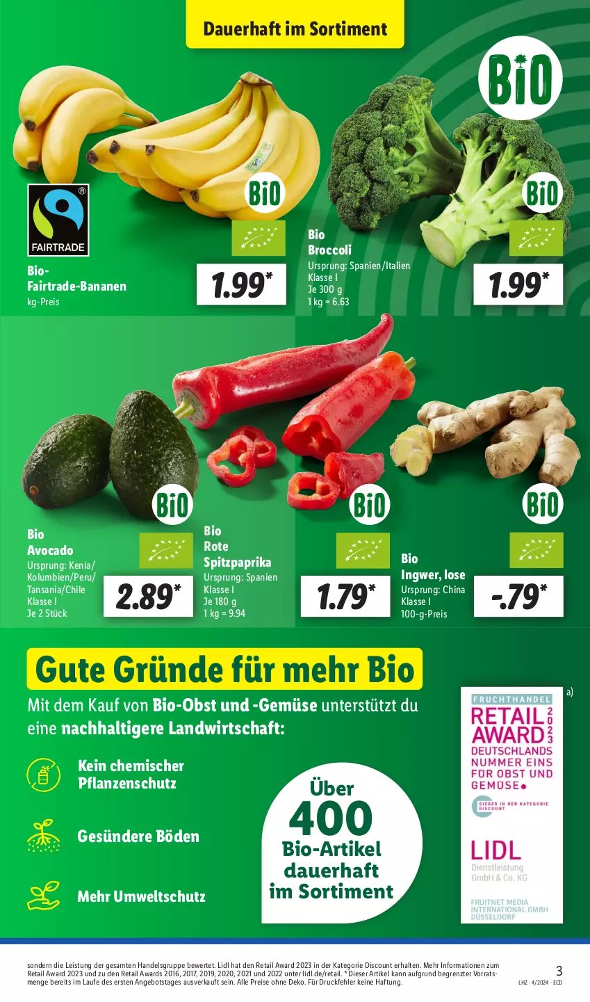 Aktueller Prospekt Lidl - Aktionsprospekt - von 22.01 bis 27.01.2024 - strona 3 - produkty: angebot, auer, avocado, banane, bananen, bio, Bio-Obst, broccoli, discount, eis, ingwer, obst, paprika, pflanze, pflanzen, reis, Spitzpaprika, Ti, ZTE