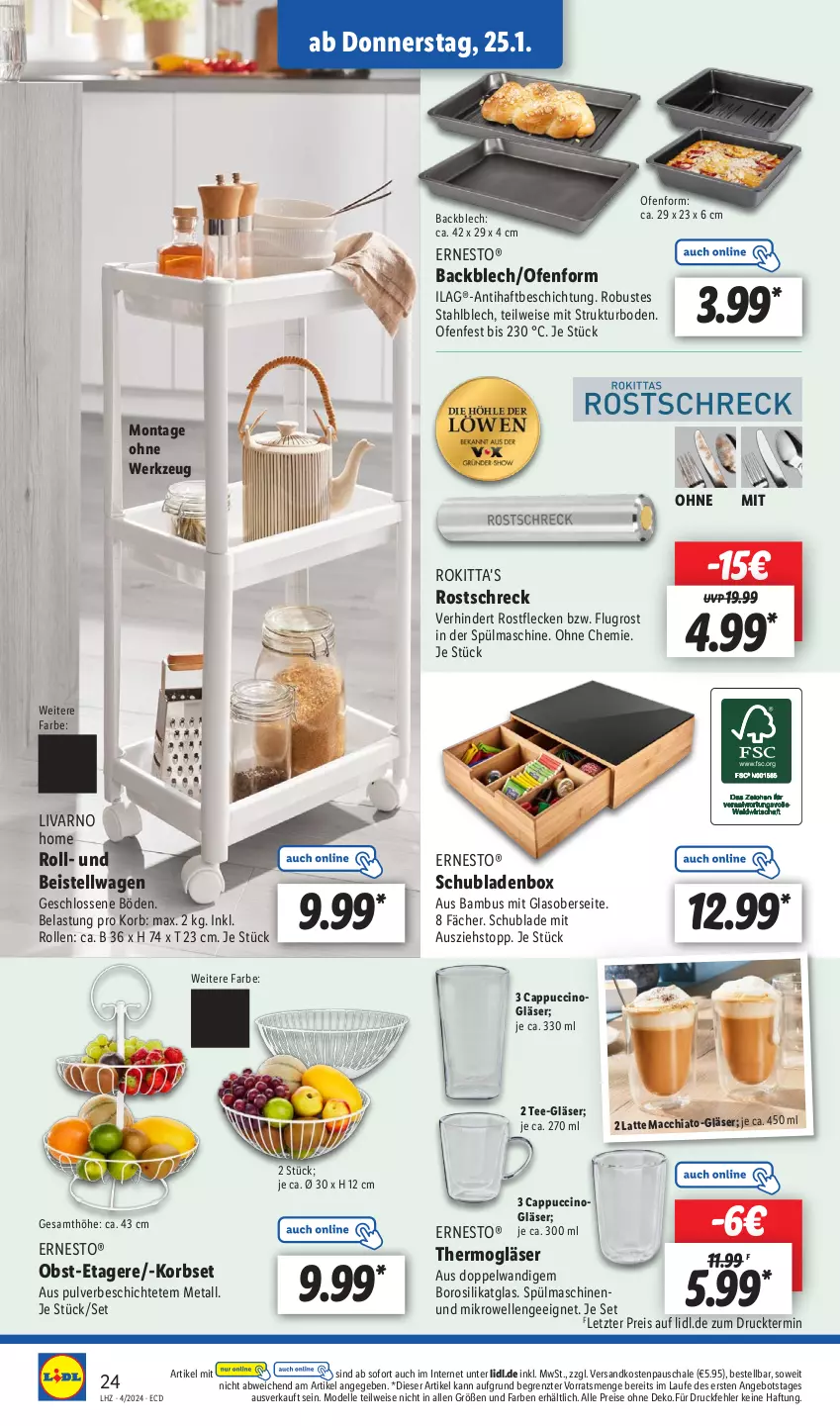 Aktueller Prospekt Lidl - Aktionsprospekt - von 22.01 bis 27.01.2024 - strona 30 - produkty: ACC, angebot, bambus, Cap, cappuccino, chia, cin, dell, eis, elle, ernesto, Etagere, Gläser, ilag, korb, latte, latte macchiato, mac, macchiato, mikrowelle, Mode, ndk, obst, Ofen, reis, rostschreck, Schal, Schale, schubladen, spülmaschinen, tee, Thermogläser, Ti, werkzeug, ZTE