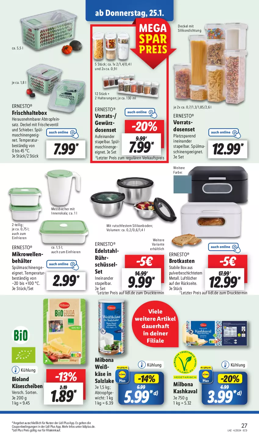 Aktueller Prospekt Lidl - Aktionsprospekt - von 22.01 bis 27.01.2024 - strona 33 - produkty: angebot, auer, Becher, Behälter, bio, bioland, Bona, brot, Brotkasten, coupon, decke, Deckel, edelstahl, eis, elle, ernesto, Käse, käsescheiben, Kashkaval, Messbecher, mikrowelle, Milbona, reis, Ria, salz, spülmaschinen, Ti, ZTE