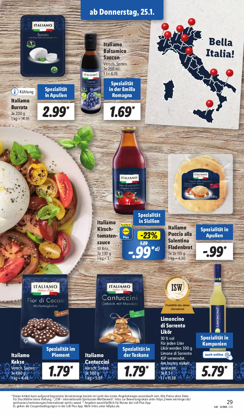 Aktueller Prospekt Lidl - Aktionsprospekt - von 22.01 bis 27.01.2024 - strona 41 - produkty: angebot, balsam, balsamico, brot, Burrata, cantuccini, cin, coupon, eis, erde, Fladenbrot, italiamo, keks, kekse, kirsch, likör, limo, reis, rwe, sauce, saucen, Spezi, spirituosen, Ti, tomate, tomaten, tuc, ZTE