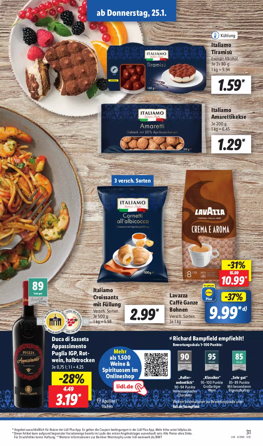 Aktueller Prospekt Lidl - Aktionsprospekt - von 22.01 bis 27.01.2024 - strona 43 - produkty: alkohol, angebot, berliner, bohne, bohnen, coupon, Croissant, croissants, eis, italiamo, keks, kekse, lavazza, reis, rotwein, sim, spirituosen, Ti, wein, weine, ZTE