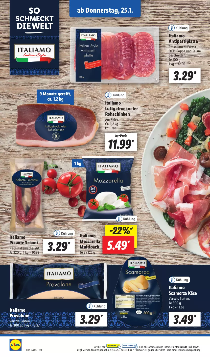 Aktueller Prospekt Lidl - Aktionsprospekt - von 22.01 bis 27.01.2024 - strona 44 - produkty: antipasti, asti, eis, italiamo, Käse, latte, mozzarella, ndk, preisvorteil, prosciutto, Prosciutto di Parma, Provolone, reis, rel, rohschinken, salami, Scamorza, Schal, Schale, schinken, schnitten, Ti