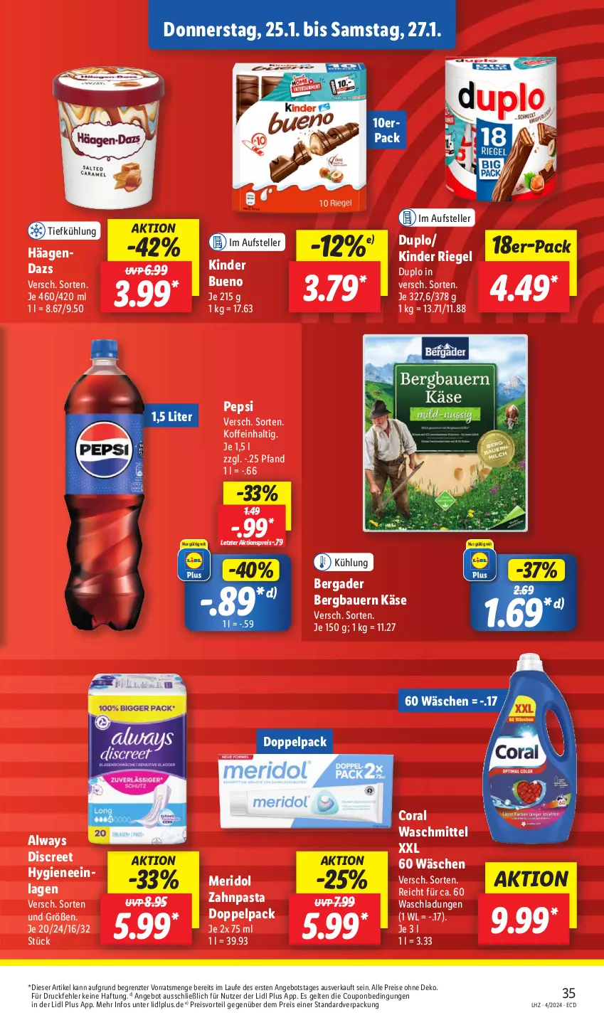 Aktueller Prospekt Lidl - Aktionsprospekt - von 22.01 bis 27.01.2024 - strona 49 - produkty: aktionspreis, Alwa, Always, angebot, auer, Bau, Bauer, bergader, Coral, coupon, Discreet, duplo, eis, elle, Käse, Kinder, kinder bueno, kinder riegel, meridol, pasta, pepsi, preisvorteil, reis, riegel, teller, Ti, waschmittel, zahnpasta, ZTE