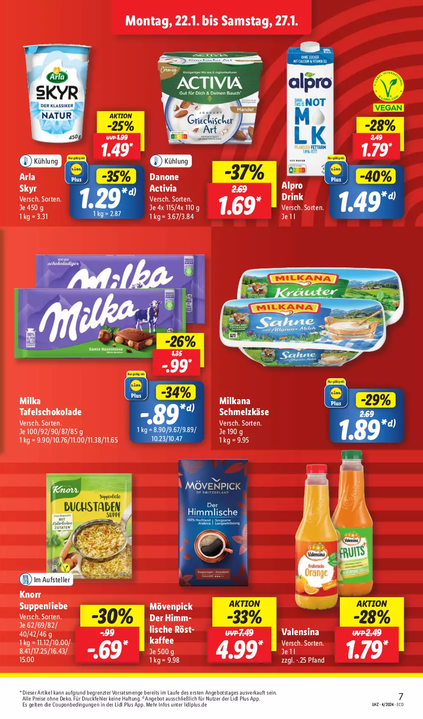 Aktueller Prospekt Lidl - Aktionsprospekt - von 22.01 bis 27.01.2024 - strona 9 - produkty: activia, alpro, angebot, arla, arla skyr, coupon, danone, danone activia, drink, eis, elle, kaffee, Käse, knorr, milka, milkana, mövenpick, reis, röstkaffee, Schmelzkäse, schoko, schokolade, Skyr, suppe, suppen, suppenliebe, tafelschokolade, teller, Ti, valensina, ZTE