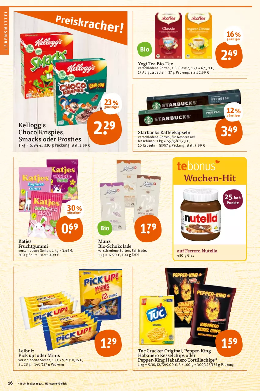 Aktueller Prospekt Tegut - Angebote der Woche - von 25.07 bis 30.07.2022 - strona 16 - produkty: beutel, bio, chips, cracker, espresso, ferrero, Frosties, frucht, fruchtgummi, gin, kaffee, kaffeekapseln, katjes, lebensmittel, leibniz, mac, nespresso, nutella, Pick Up!, schoko, schokolade, Smacks, starbucks, tee, Ti, tortilla, tuc, Yo