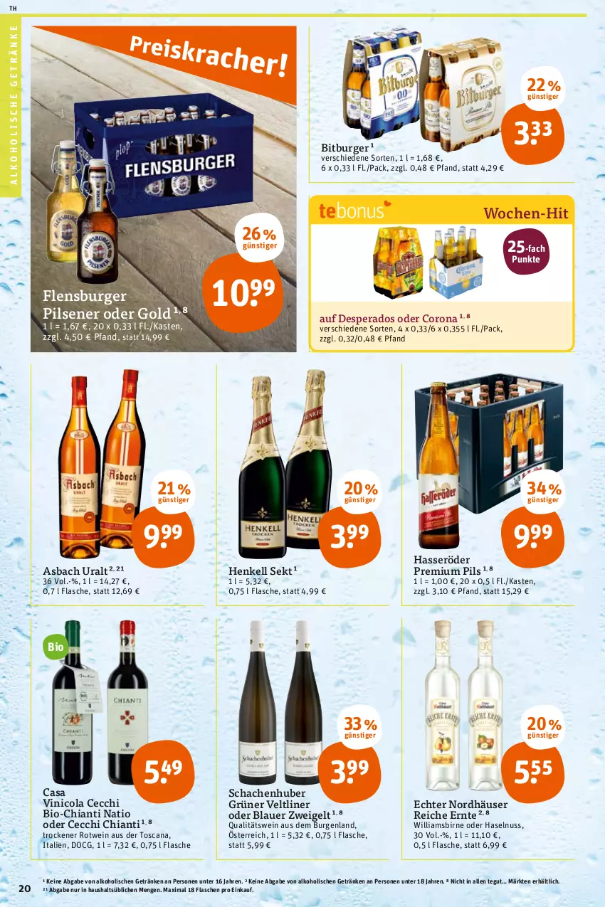 Aktueller Prospekt Tegut - Angebote der Woche - von 25.07 bis 30.07.2022 - strona 20 - produkty: alkohol, alkoholische getränke, asbach uralt, auer, bio, bitburger, blauer zweigelt, burger, chia, chianti, cola, corona, desperados, flasche, flensburger, getränk, getränke, grüner veltliner, haselnuss, hasseröder, henkel, henkell, henkell sekt, nuss, pils, pilsener, premium pils, qualitätswein, rotwein, sekt, Ti, wein, Zweigelt