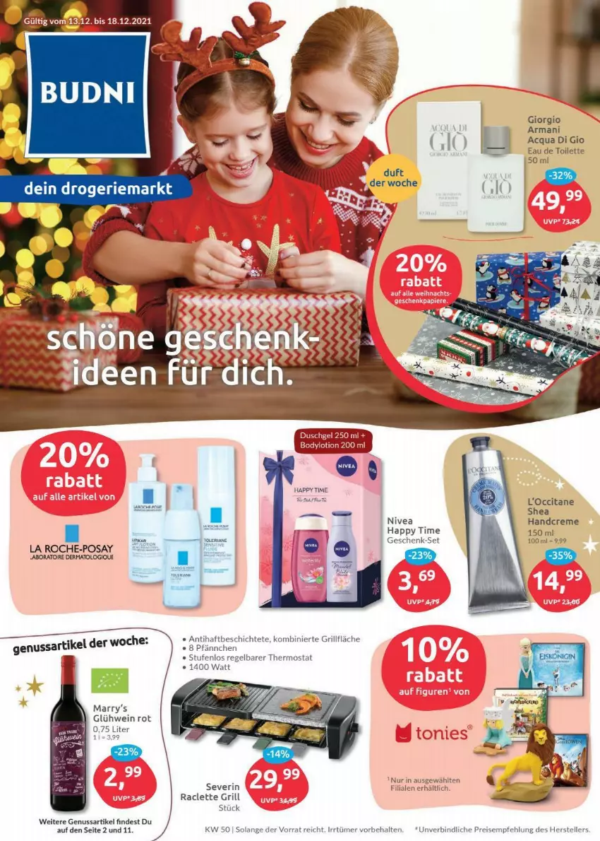 Aktueller Prospekt Budni - Prospekte - von 13.12 bis 18.12.2021 - strona 1 - produkty: creme, eau de toilette, eau de toilette 50 ml, eis, elle, Giorgio Armani, Glühwein, grill, grillfläche, handcreme, La Roche-Posay, nivea, nuss, reis, Ria, severin, teller, thermostat, Ti, wein