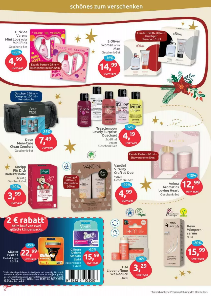 Aktueller Prospekt Budni - Prospekte - von 13.12 bis 18.12.2021 - strona 4 - produkty: Bad, Badekristalle, deo, deospray, dove, duschgel, eis, elle, gillette, hella, kneipp, Lippenpflege, olive, Rasierklinge, rasierklingen, reis, rum, s.oliver, Schere, Serum, teller, Ti, vita, vitality