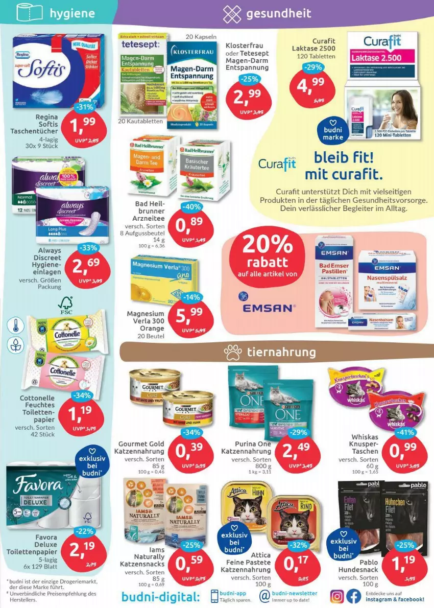 Aktueller Prospekt Budni - Prospekte - von 13.12 bis 18.12.2021 - strona 9 - produkty: Alwa, Always, asti, Bad, beutel, cottonelle, decke, Discreet, eis, elle, Emser, ente, Gesundheit, gin, gourmet gold, hundesnack, katzennahrung, katzensnack, katzensnacks, magnesium, natur, natura, orange, papier, pastete, purina, reis, snack, snacks, tablet, tablett, Tablette, Tasche, taschen, taschentücher, tee, teller, Ti, toilettenpapier, tücher