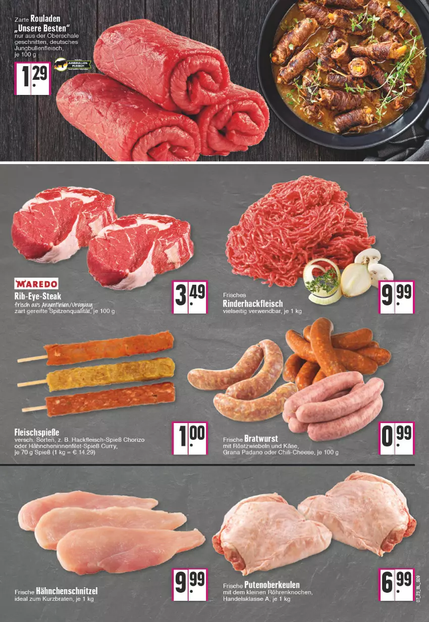 Aktueller Prospekt Edeka - Angebote der Woche - von 13.02 bis 18.02.2023 - strona 9 - produkty: braten, chili, chorizo, curry, eis, filet, fleisch, Fleischspieße, Frische Hähnchen, hackfleisch, Hähnchenschnitzel, jungbullen, Käse, leine, mit röstzwiebeln, pute, Putenoberkeule, rind, rinder, rinderhackfleisch, röstzwiebeln, rouladen, rwe, Schal, Schale, schnitten, schnitzel, steak, tee, Ti, zwiebel, zwiebeln