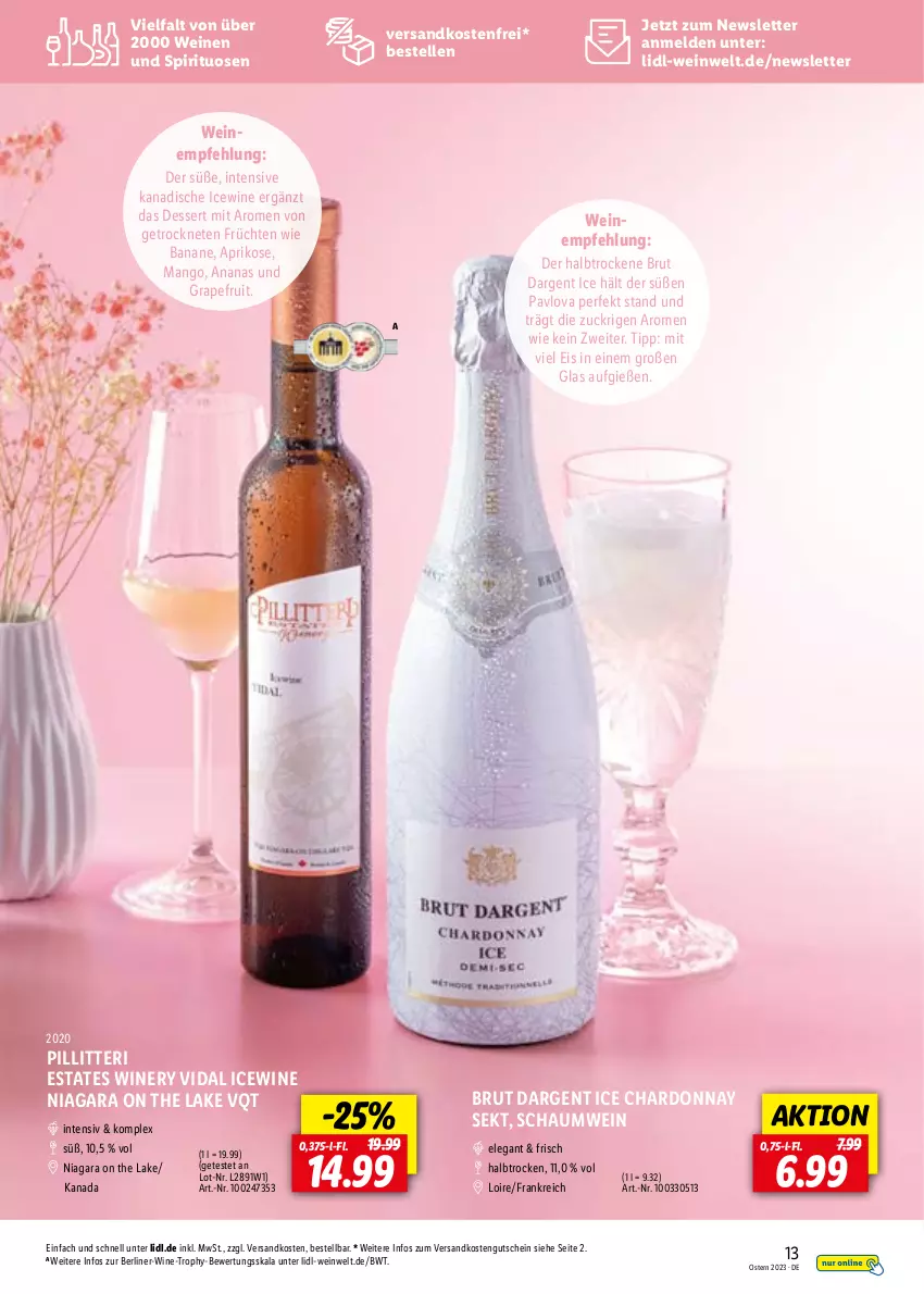 Aktueller Prospekt Lidl - Entkorkt Magazin - von 01.03 bis 16.04.2023 - strona 13 - produkty: ananas, aprikose, banane, berliner, brut, brut dargent, chardonnay, dessert, eis, elle, früchte, früchten, grapefruit, gutschein, mango, ndk, sekt, spirituosen, Ti, versandkostenfrei, wein, weine