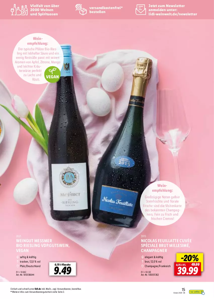 Aktueller Prospekt Lidl - Entkorkt Magazin - von 01.03 bis 16.04.2023 - strona 15 - produkty: apfel, bio, brut, champagne, champagner, cola, creme, cuvée, elle, fisch, flasche, früchte, gutschein, kräuter, lachs, latte, mango, ndk, riesling, saft, sim, spirituosen, Ti, versandkostenfrei, wein, weine, zitrone