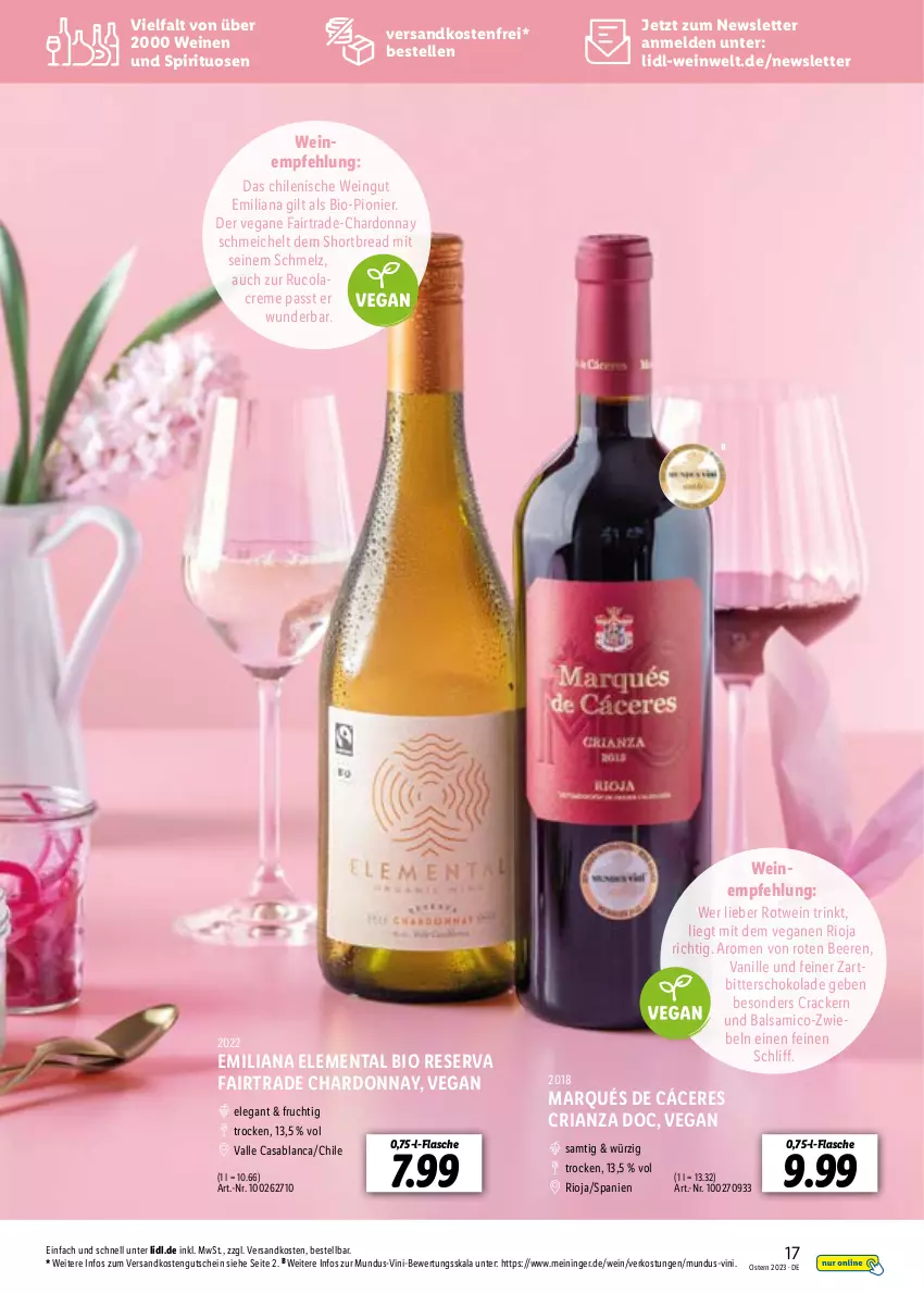 Aktueller Prospekt Lidl - Entkorkt Magazin - von 01.03 bis 16.04.2023 - strona 17 - produkty: balsam, balsamico, beere, beeren, bio, chardonnay, cola, cracker, creme, elle, flasche, frucht, gutschein, ndk, Ria, rioja, rotwein, rucola, schoko, schokolade, spirituosen, Ti, vanille, versandkostenfrei, wein, weine, Zartbitterschokolade, zwiebel, zwiebeln