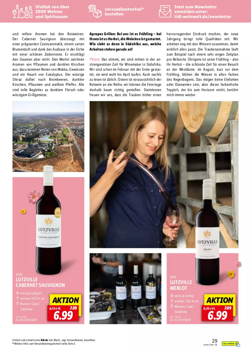 Aktueller Prospekt Lidl - Entkorkt Magazin - von 01.03 bis 16.04.2023 - strona 29 - produkty: Bau, beere, beeren, blume, blumen, brombeere, brombeeren, cabernet, cabernet sauvignon, Cap, cassis, eier, eis, Elefant, elle, fleisch, gewürz, grill, gutschein, kirsch, kirsche, kirschen, Laufen, LG, mac, merl, merlot, ndk, pfeffer, pflaume, pflaumen, pril, ring, rotwein, saft, saro, sauvignon, spirituosen, teppich, Ti, trauben, usb, versandkostenfrei, wein, weine, Weste