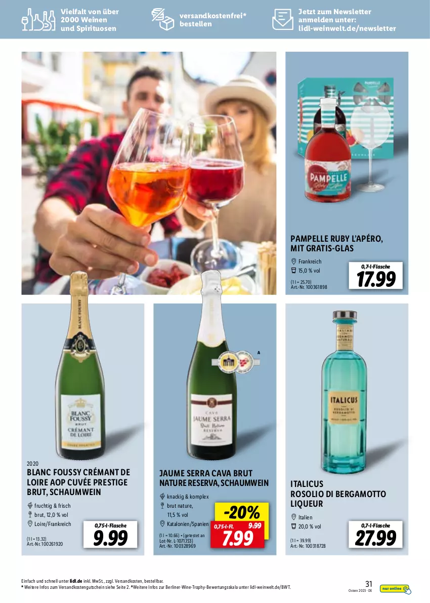 Aktueller Prospekt Lidl - Entkorkt Magazin - von 01.03 bis 16.04.2023 - strona 31 - produkty: berliner, brut, Cava, crémant de loire, cuvée, elle, flasche, frucht, gutschein, Italicus, liqueur, natur, ndk, spirituosen, Ti, versandkostenfrei, wein, weine