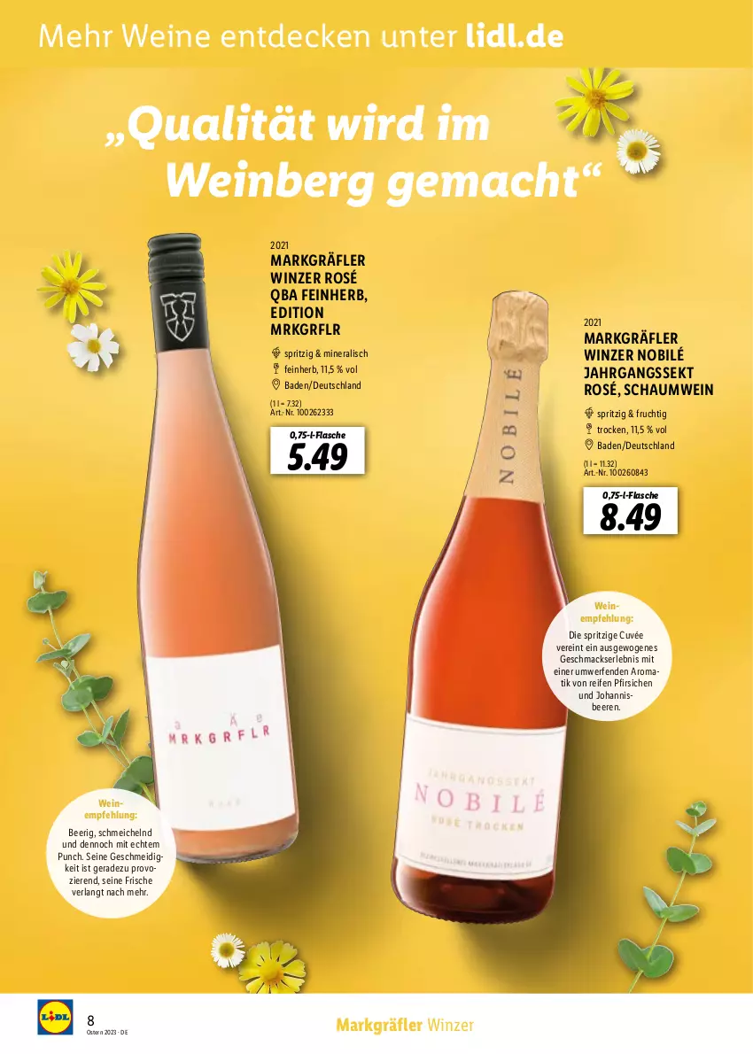 Aktueller Prospekt Lidl - Entkorkt Magazin - von 01.03 bis 16.04.2023 - strona 8 - produkty: Bad, beere, beeren, cuvée, decke, flasche, frucht, jahrgangssekt, johannisbeere, Johannisbeeren, mac, pfirsich, pfirsiche, reifen, sekt, Ti, wein, weine