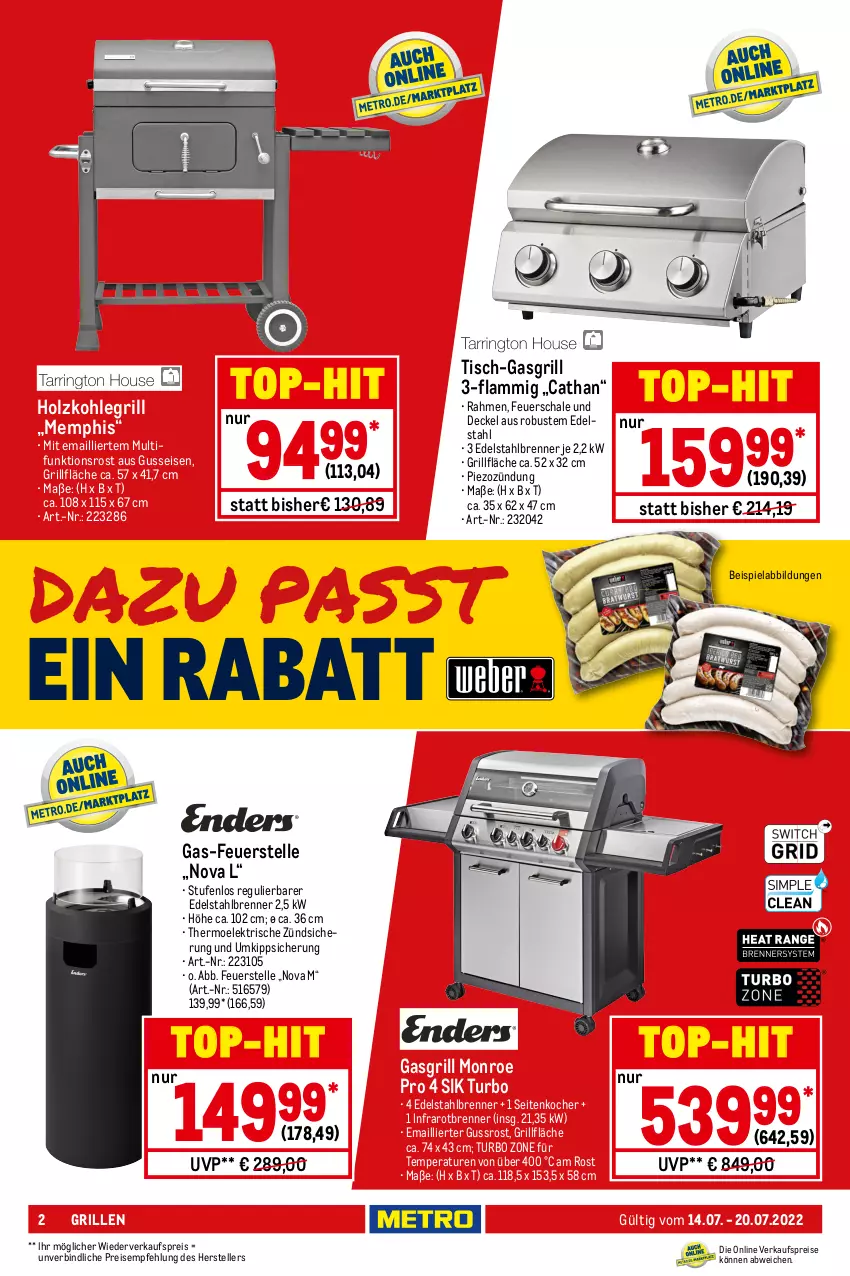 Aktueller Prospekt Metro - NonFood - von 14.07 bis 20.07.2022 - strona 2 - produkty: auto, beispielabbildung, decke, Deckel, edelstahl, eis, elle, feuerschale, gasgrill, grill, grillfläche, grillrost, Holz, holzkohle, holzkohlegrill, Kocher, Kohlegrill, lack, lamm, LG, reis, Schal, Schale, teller, Ti, Tiere, tisch, top-hit, weber