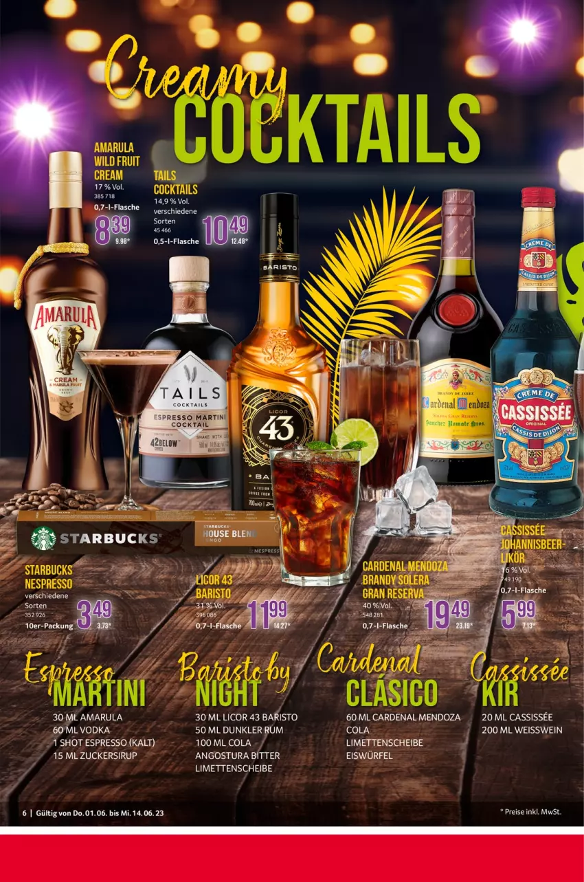 Aktueller Prospekt Selgros - Cocktails - von 01.06 bis 14.06.2023 - strona 6 - produkty: amarula, cocktail, cola, eis, eiswürfel, espresso, flasche, licor, licor 43, limette, limetten, Mett, metten, reis, rum, shake, sirup, Ti, vodka, wein, würfel, zucker