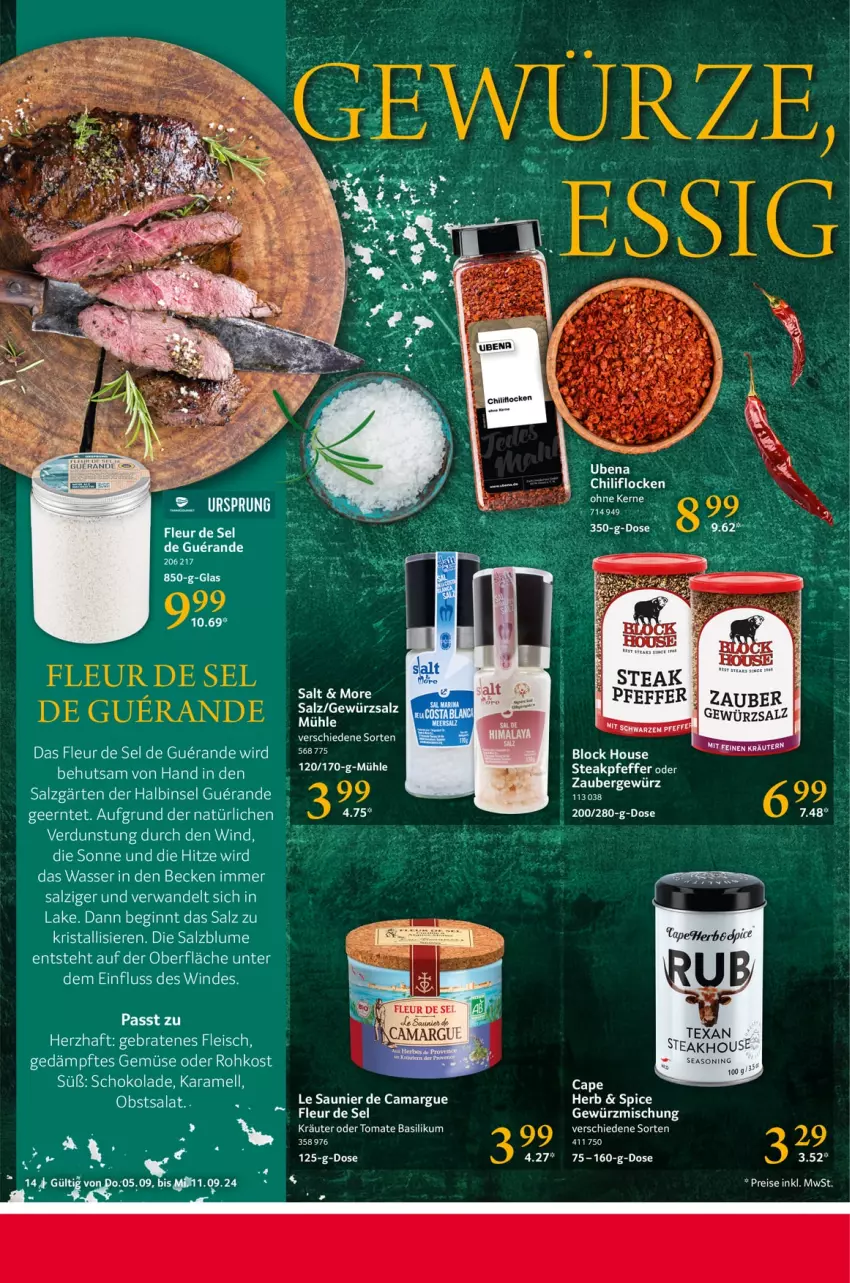 Aktueller Prospekt Selgros - Food - von 05.09 bis 11.09.2024 - strona 14 - produkty: basilikum, blume, braten, camargue, chili, eis, fleisch, gewürz, Gewürzmischung, gewürzsalz, gin, karamell, kräuter, kräutern, pfeffer, reis, salz, schoko, schokolade, steak, tomate, wasser