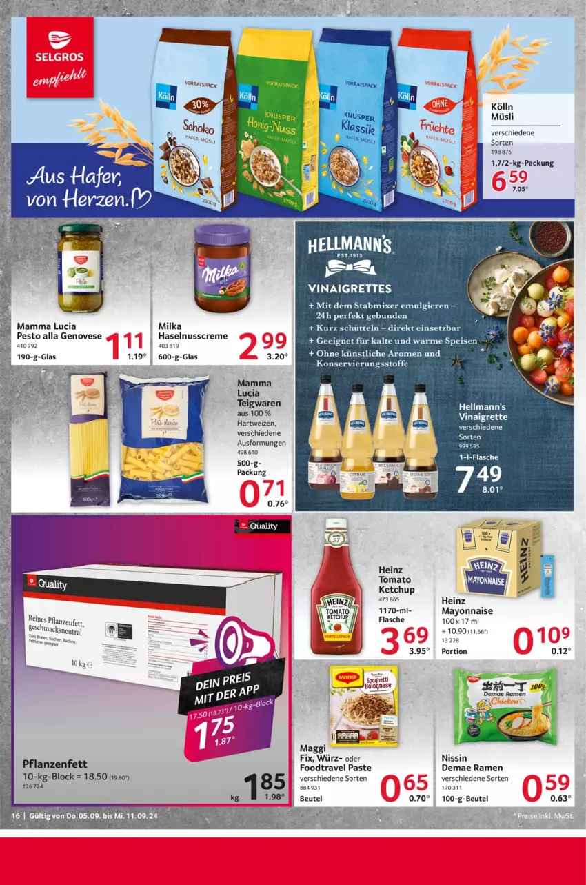 Aktueller Prospekt Selgros - Food - von 05.09 bis 11.09.2024 - strona 16 - produkty: beutel, bolognese, citrus, creme, eis, flasche, genovese, hafer, hartweizen, haselnuss, Haselnusscreme, heinz, ketchup, kölln, LG, mac, maggi, mam, mayonnaise, milka, Mixer, müsli, Nissin, nuss, pesto, pflanze, pflanzen, Pflanzenfett, Salsa, spaghetti, stabmixer, teigwaren, Ti, tomato ketchup, Yo