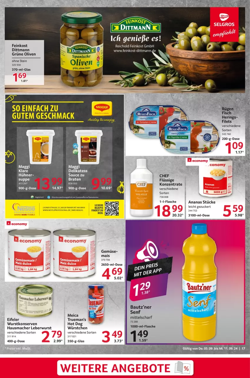 Aktueller Prospekt Selgros - Food - von 05.09 bis 11.09.2024 - strona 17 - produkty: ananas, Bau, braten, creme, dittmann, feinkost, flasche, grüne oliven, Hausmacher, hering, hot dog, hühner, Konserven, leberwurst, lyoner, mac, maggi, mais, olive, oliven, paprika, ring, sauce, senf, suppe, Ti, wurst, würstchen, wurstkonserven, Yo, zucker