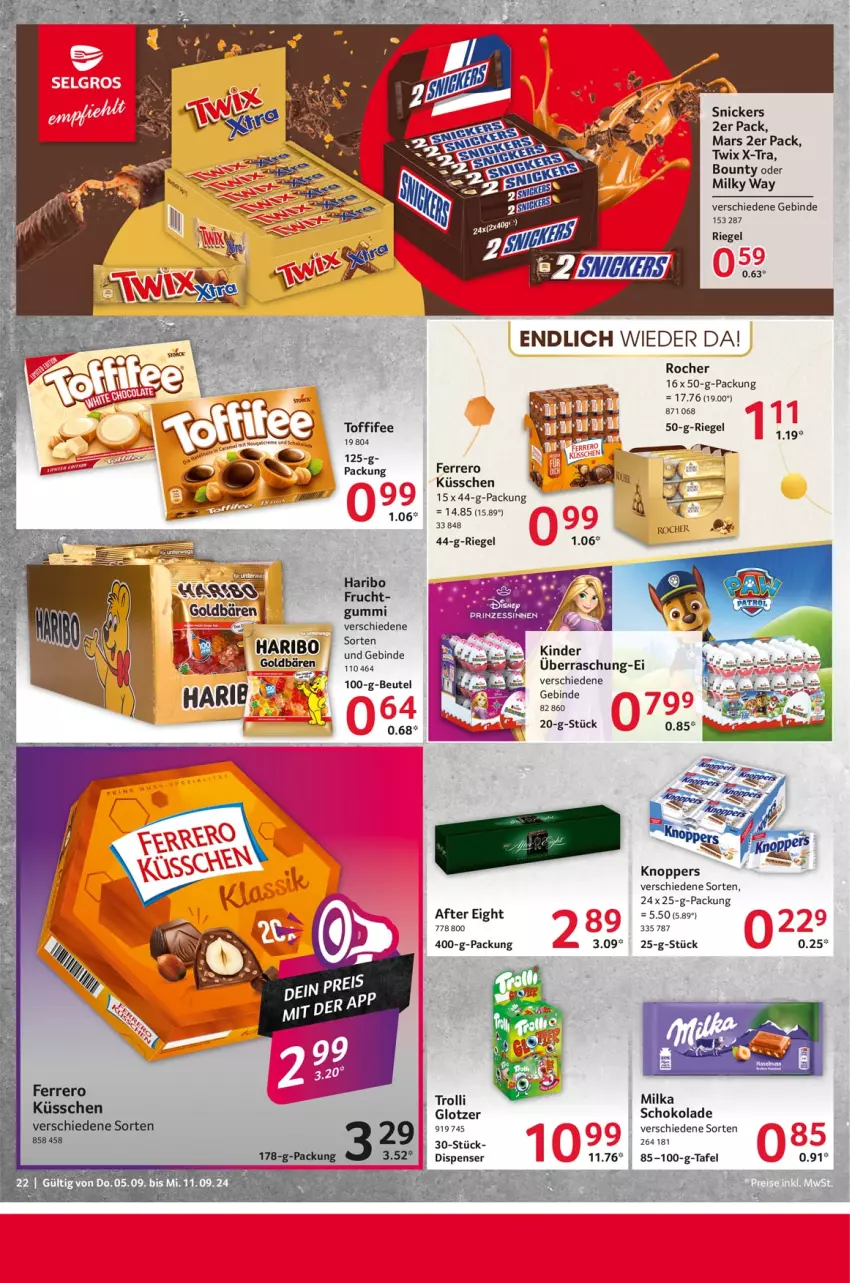 Aktueller Prospekt Selgros - Food - von 05.09 bis 11.09.2024 - strona 22 - produkty: after eight, beutel, bounty, ferrero, Ferrero Küsschen, frucht, goldbären, haribo, Kinder, knoppers, mars, milka, milky way, riegel, schoko, schokolade, snickers, Ti, toffifee, trolli, twix, WICK