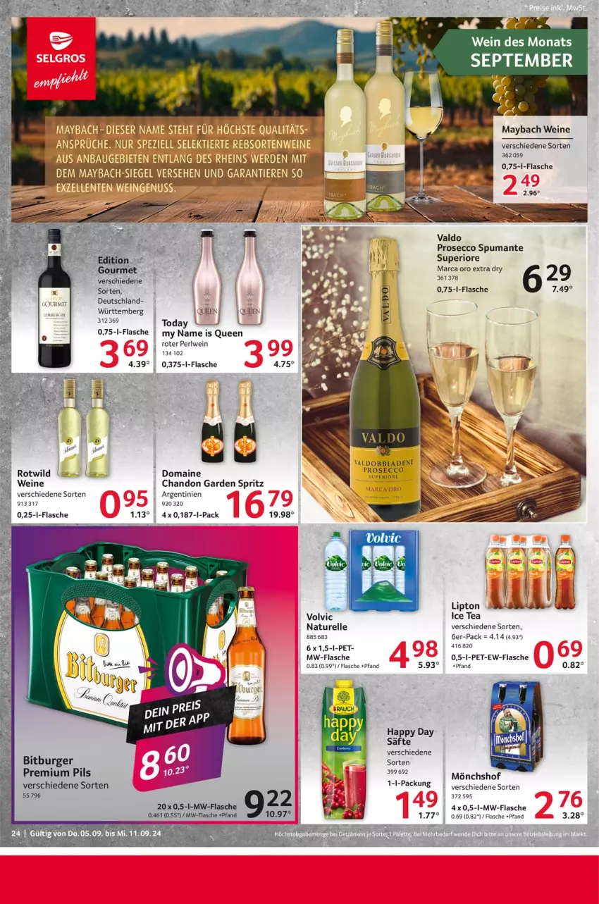 Aktueller Prospekt Selgros - Food - von 05.09 bis 11.09.2024 - strona 24 - produkty: bitburger, burger, ecco, elle, flasche, Happy Day, ice tea, lipton, maybach, mönchshof, mw-flasche, natur, pils, premium pils, prosecco, puma, rel, säfte, spumante, Ti, valdo, volvic, wein, weine, Wild