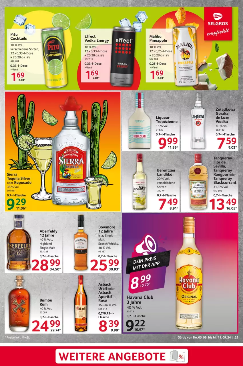 Aktueller Prospekt Selgros - Food - von 05.09 bis 11.09.2024 - strona 25 - produkty: ACC, aperitif, Apple, auer, berentzen, Bowmore, Bumbu, Currant, Effect, flasche, Havana Club, lack, likör, liqueur, Malibu, rum, scotch, scotch whisky, Sierra, single malt, tequila, Ti, vodka, whisky, wodka