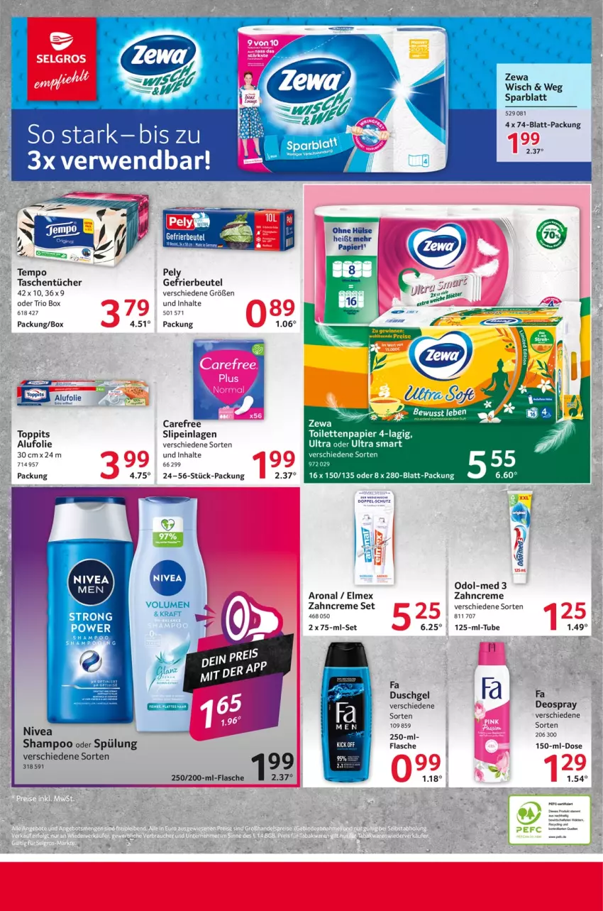 Aktueller Prospekt Selgros - Food - von 05.09 bis 11.09.2024 - strona 32 - produkty: beutel, carefree, creme, deo, deospray, duschgel, elmex, fa duschgel, flasche, gefrierbeutel, Germ, latte, nivea, Odol, Odol-med 3, papier, pely, rwe, shampoo, shampoo oder spülung, slip, slipeinlagen, spülung, Tasche, taschen, taschentücher, Tempo, Ti, toilettenpapier, toppits, tücher, zahncreme, zewa