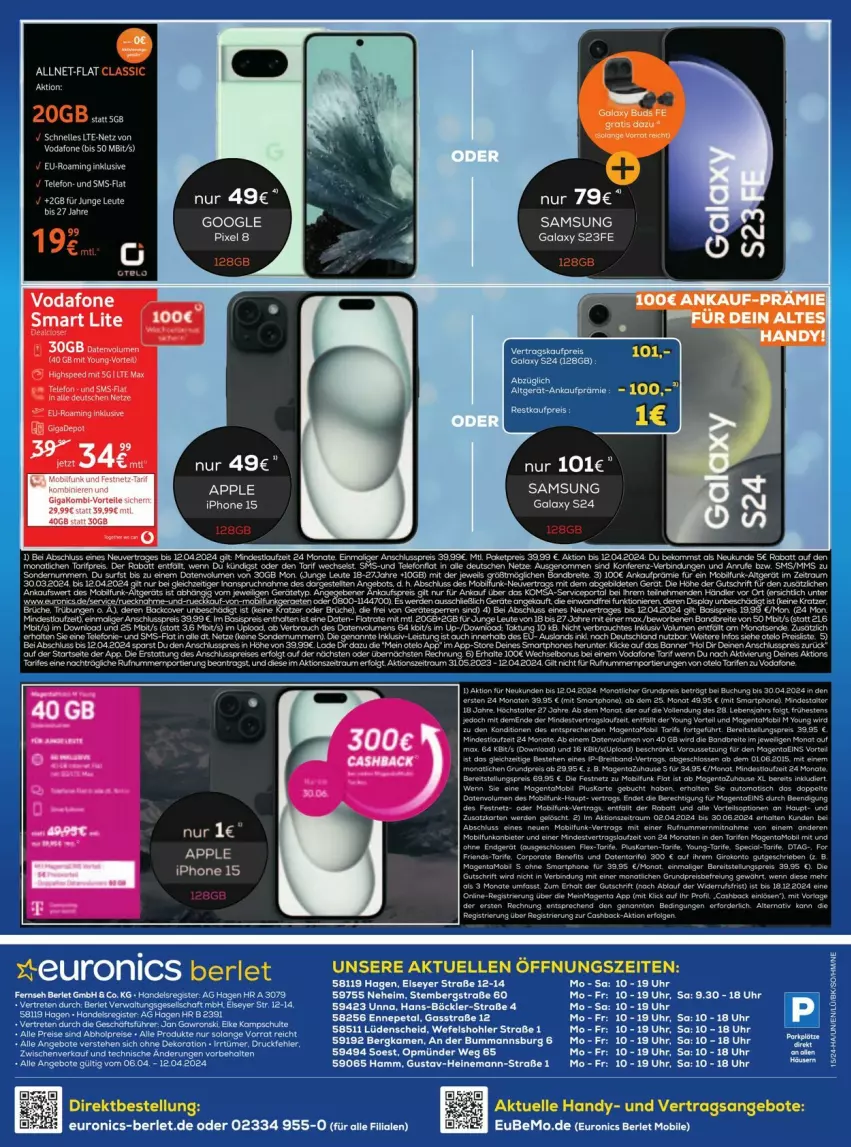 Aktueller Prospekt Euronics - Prospekte - von 09.04 bis 14.04.2024 - strona 12 - produkty: angebot, angebote, Apple, auer, Brei, buch, eier, eis, elle, ente, Handy, iphone, leine, rasen, reis, Samsung, samsung galaxy, Samsung Galaxy S, smartphone, tee, telefon, Ti, uhr, vodafone, Yo