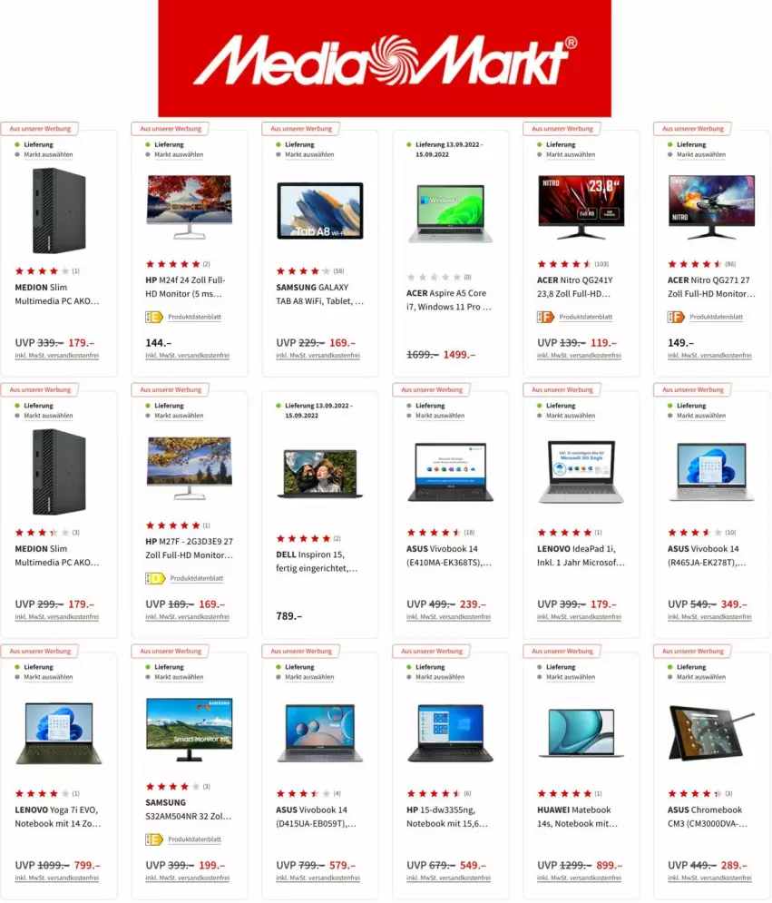 Aktueller Prospekt Media Markt - Prospekte - von 08.09 bis 22.09.2022 - strona 13 - produkty: acer, asus, core i7, dell, HP, huawei, Huawei Mate, Huawei MateBook, K2, lenovo, MateBook, medion, monitor, ndk, notebook, Samsung, samsung galaxy, tablet, Ti, versandkostenfrei, VivoBook, Yo