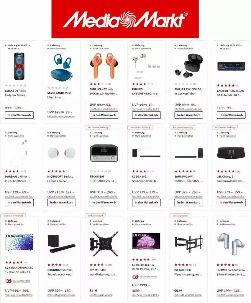 Aktueller Prospekt Media Markt - Prospekte - von 08.09 bis 22.09.2022 - strona 6 - produkty: auto, Autoradio, grundig, huawei, In-Ear Kopfhörer, jbl, kopfhörer, korb, led tv, leds, LG, mars, ndk, oled tv, Philips, Radio, rel, Samsung, soundbar, Surf, TechniSat, Ti, versandkostenfrei, wandhalterung