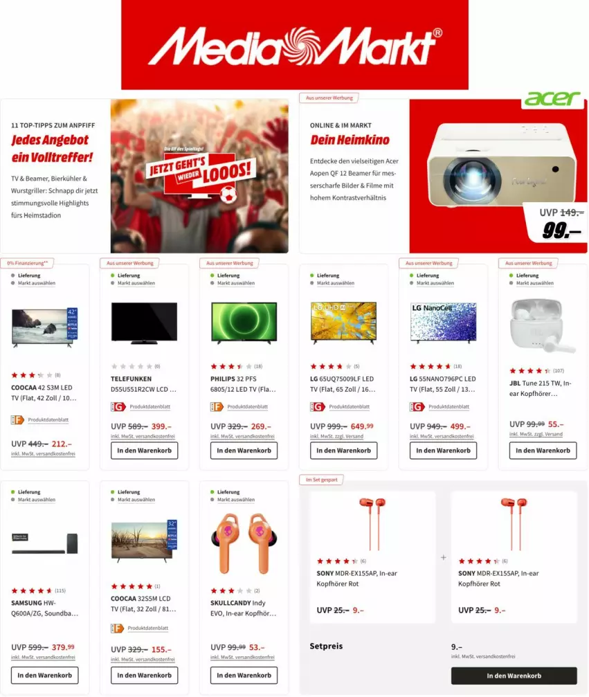 Aktueller Prospekt Media Markt - Prospekte - von 08.09 bis 22.09.2022 - strona 8 - produkty: acer, angebot, bier, decke, eis, grill, In-Ear Kopfhörer, jbl, kopfhörer, korb, LCD TV, led tv, LG, ndk, Philips, reis, Samsung, sony, telefunken, Ti, versandkostenfrei, wurst